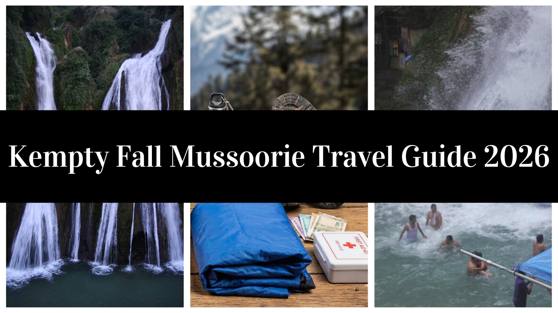 Tourists enjoying a swim at Kempty Fall Mussoorie surrounded by hills and shops