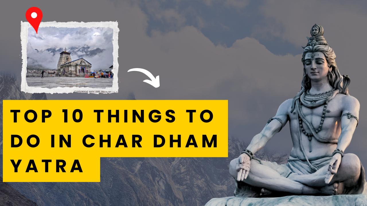 Statue of Lord Shiva with Kedarnath Temple in the Himalayas promoting Top 10 Things to Do in Char Dham Yatra