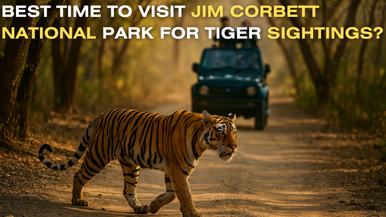 Tiger walking on a forest path in Jim Corbett National Park with a safari vehicle in the background during golden hour.