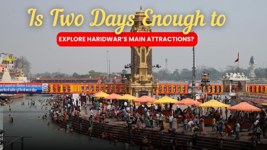 Har Ki Pauri in Haridwar with pilgrims taking a holy dip in the Ganga and colorful umbrellas along the ghats.