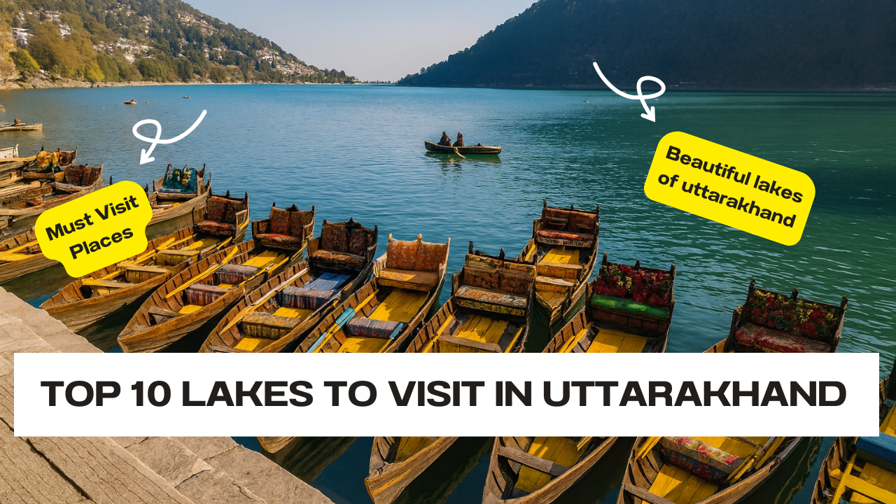 Row of colorful wooden boats on a serene lake surrounded by hills in Uttarakhand, India