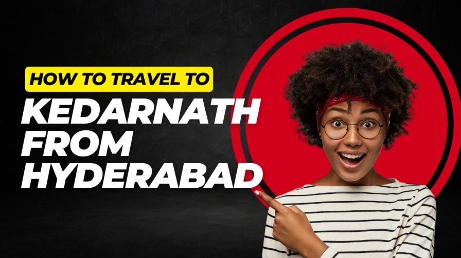 Young woman pointing excitedly at text “How to Travel to Kedarnath from Hyderabad” with black and red background