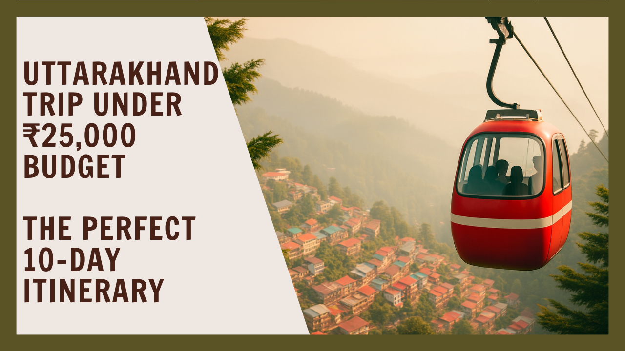 A red and white cable car (gondola) descends over a misty hillside town nestled in the mountains of Uttarakhand, India, with the text "UTTARAKHAND TRIP UNDER ₹25,000 BUDGET THE PERFECT 10-DAY ITINERARY" overlaid on a diagonal white and green background.