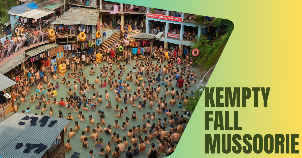 Tourists enjoying a swim at Kempty Fall Mussoorie surrounded by hills and shops