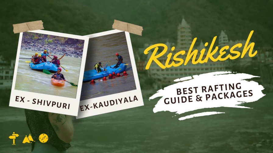 Tourists enjoying river rafting in Rishikesh on the Ganga River, featuring popular routes from Shivpuri and Kaudiyala.