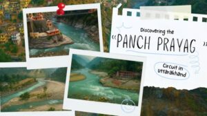 A collage of the Panch Prayag river confluences in Uttarakhand, showing scenic rivers, temples, and surrounding hills.