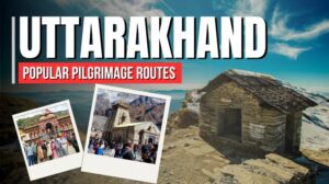 Stone temple in Uttarakhand Himalayas with pilgrims visiting Kedarnath and Badrinath shrines