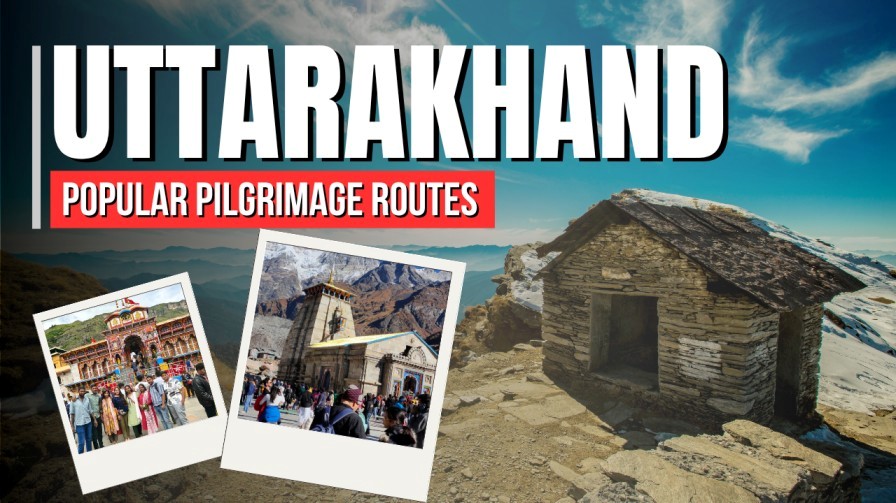 Stone temple in Uttarakhand Himalayas with pilgrims visiting Kedarnath and Badrinath shrines