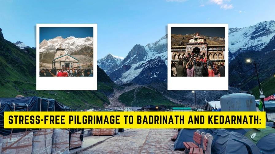 Scenic view of the Garhwal Himalayas with tents in the foreground, featuring Badrinath and Kedarnath temples and pilgrims visiting.