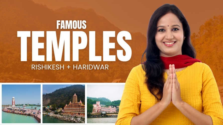 Woman greeting with folded hands in front of images of famous temples in Rishikesh and Haridwar