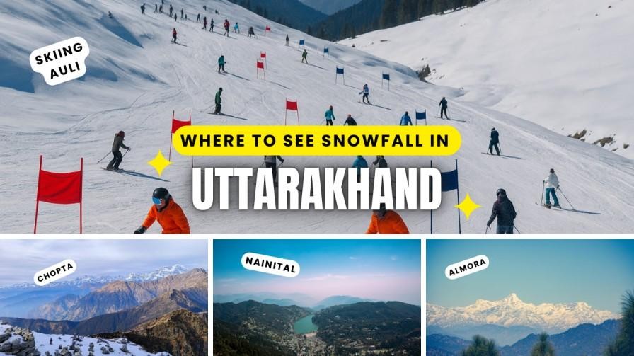 Skiers enjoying fresh snow in Auli, with scenic views of Chopta, Nainital, and Almora in Uttarakhand.