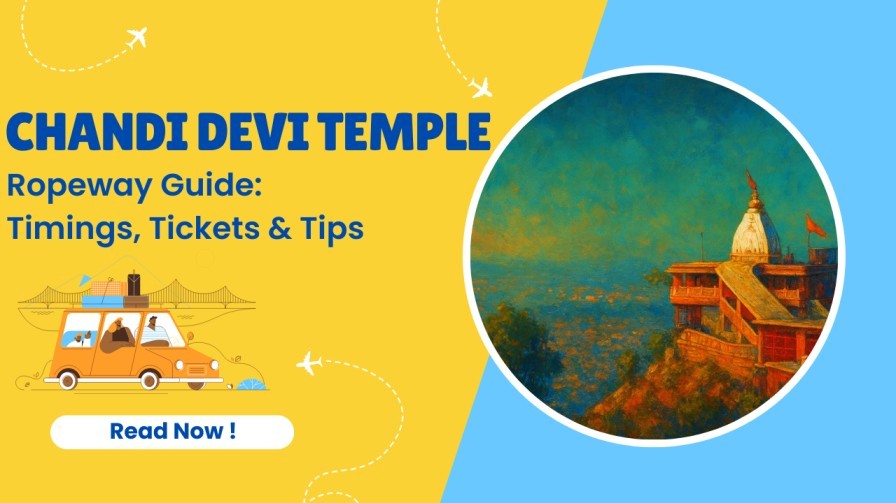 “Chandi Devi Temple ropeway guide banner with illustrated car, yellow–blue background, and a circular image of Chandi Devi Temple on a hilltop.”