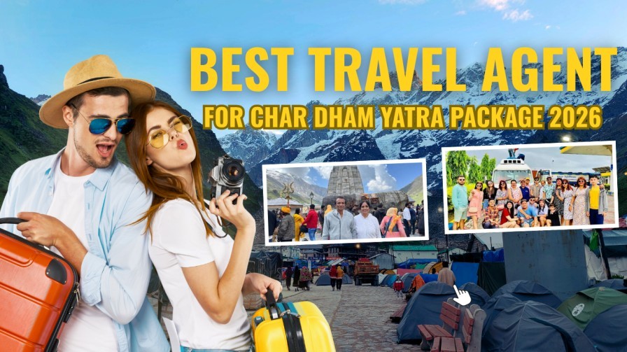 A couple holding luggage posing cheerfully with mountains in the background, promoting the best travel agent for Char Dham Yatra Package 2026, with additional group travel photos included.