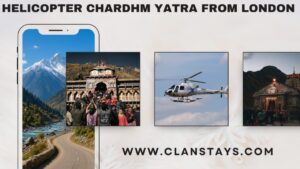 Helicopter Char Dham Yatra from London promotional banner showing Himalayan scenery, Badrinath Temple, a helicopter, and Kedarnath Temple