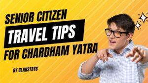 A young man pointing with enthusiasm beside bold text highlighting senior citizen travel tips for Char Dham Yatra.