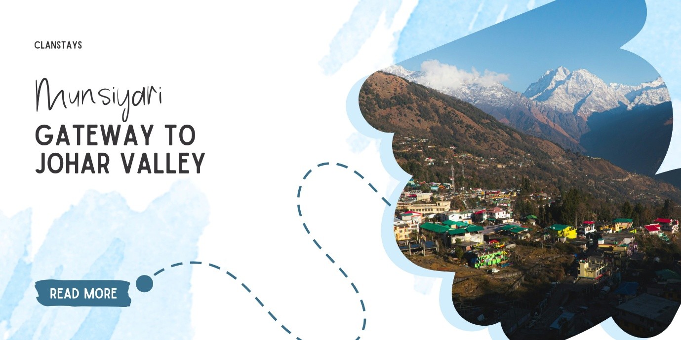 A scenic view of Munsiyari town with colorful houses nestled in the Himalayas, overlooking the snow-capped Panchachuli Peaks in Uttarakhand.