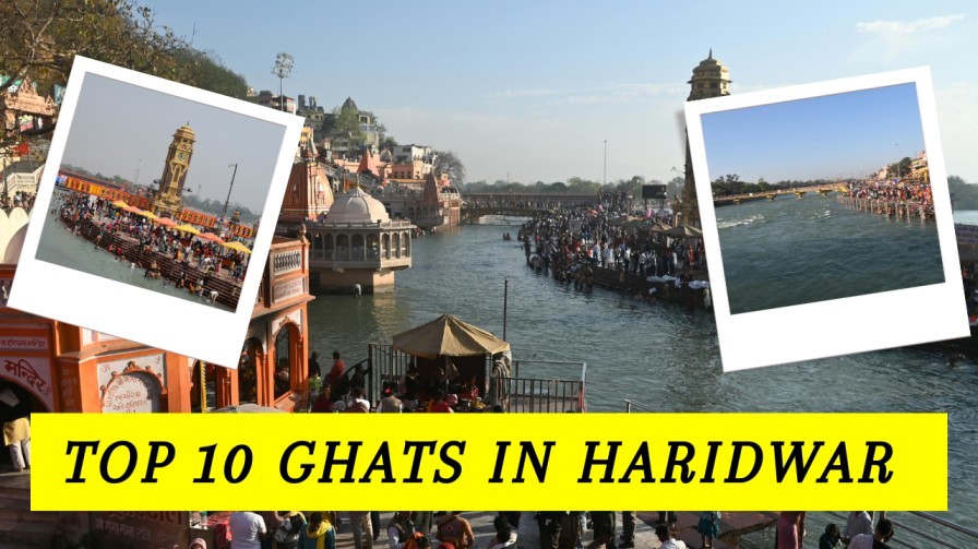 View of Haridwar’s iconic Har Ki Pauri ghat with crowds gathered along the Ganga River, featuring two inset photos of popular ghats.