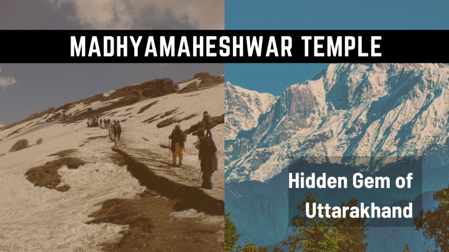 Pilgrims trekking through snow-covered trails to Madhyamaheshwar Temple with the majestic Himalayas in the background