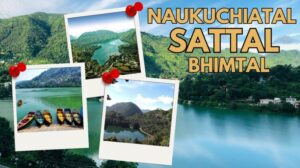 Scenic view of Bhimtal, Sattal, and Naukuchiatal lakes in Uttarakhand with surrounding hills and boating activities.