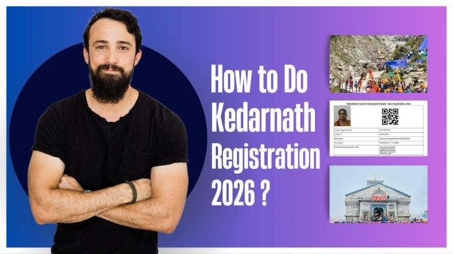 Man explaining how to do Kedarnath Registration 2026 with temple and QR pass visuals