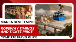 Mansa Devi Temple ropeway cable car over the Ganga River with Haridwar city and mountains in the background.