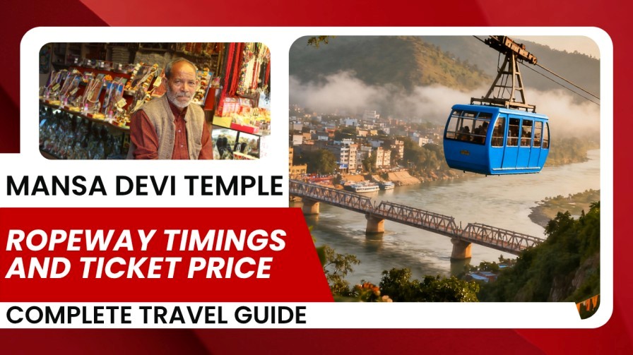 Mansa Devi Temple ropeway cable car over the Ganga River with Haridwar city and mountains in the background.