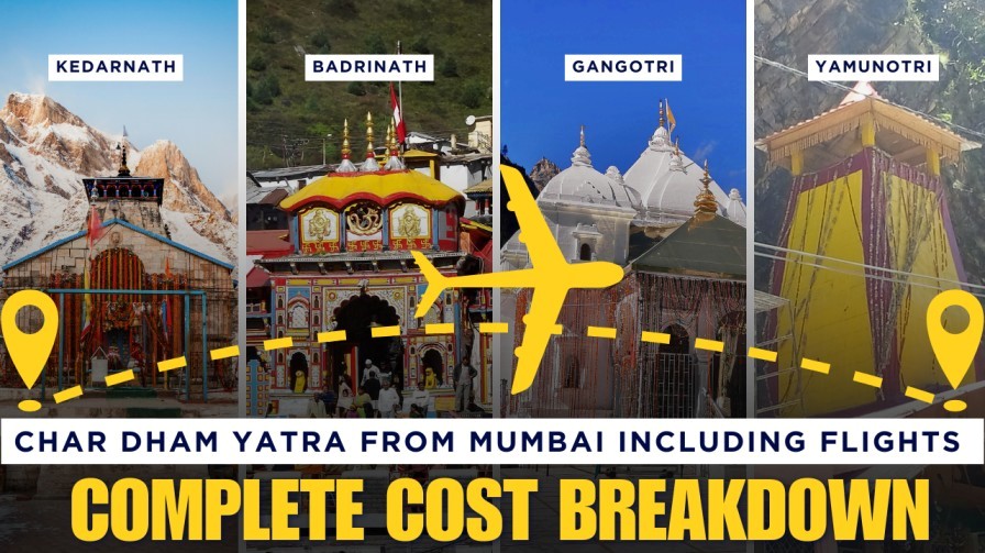 Char Dham Yatra from Mumbai infographic showing Kedarnath, Badrinath, Gangotri, and Yamunotri temples with a flight icon and cost breakdown headline.