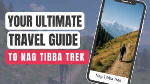 A trekker walking on a mountain trail with snow-capped Himalayan peaks in the background, displayed inside a smartphone frame beside bold text saying “Your Ultimate Travel Guide to Nag Tibba Trek.”