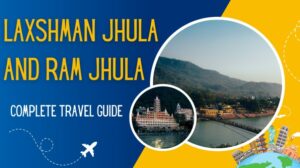 Aerial view of Ram Jhula and Laxman Jhula bridges in Rishikesh with temples and Ganga River.