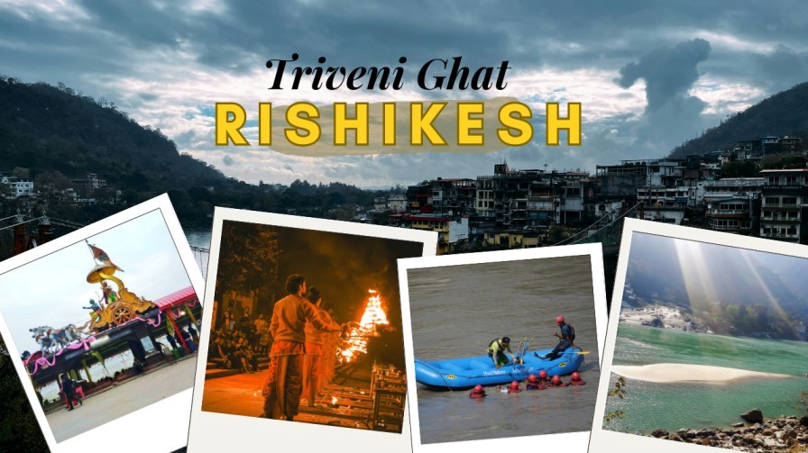 Collage of Triveni Ghat Rishikesh showing Ganga Aarti, river rafting, and scenic views