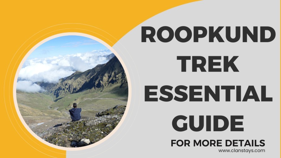 A trekker sitting on a rocky slope overlooking vast green valleys and clouds during the Roopkund Trek in the Himalayas.