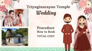 Triyuginarayan Temple wedding guide banner featuring a Hindu couple, the temple, and illustrated bride and groom.