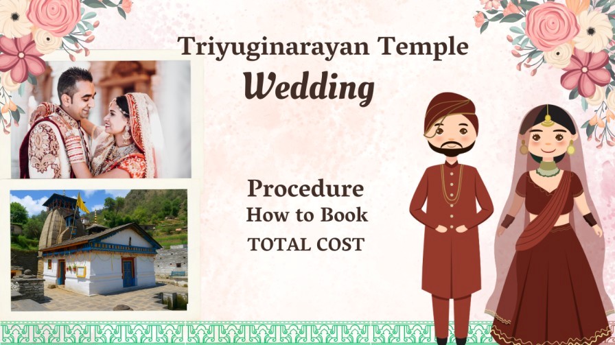Triyuginarayan Temple wedding guide banner featuring a Hindu couple, the temple, and illustrated bride and groom.