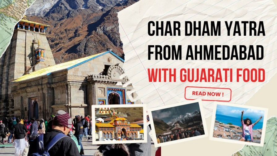 Devotees at the Kedarnath Temple with surrounding Himalayan mountains and collage images of Char Dham locations.