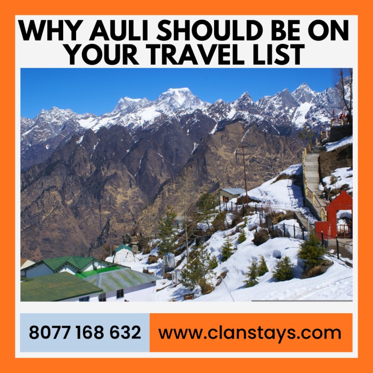 Beautiful view of Auli ski slopes and Nanda Devi mountain peak in winter.