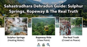 Sahastradhara Dehradun sulphur springs with ropeway ride, healing water pools, and crowded bathing area surrounded by green hills