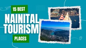 “Two scenic images of Nainital showing sailing boats on Naini Lake and a panoramic aerial view of the hill town surrounded by mountains.”