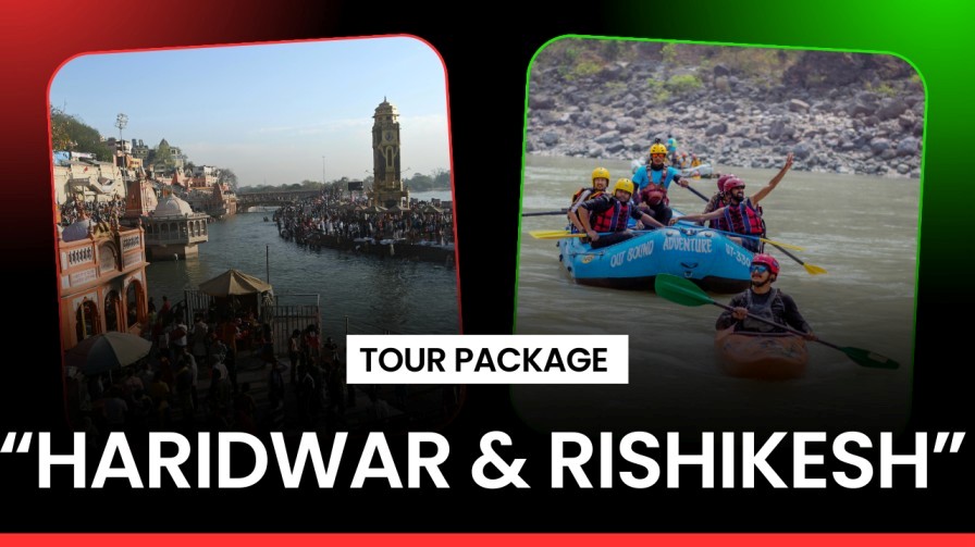 Haridwar Ganga ghat crowd and people enjoying river rafting in Rishikesh during a tour package.
