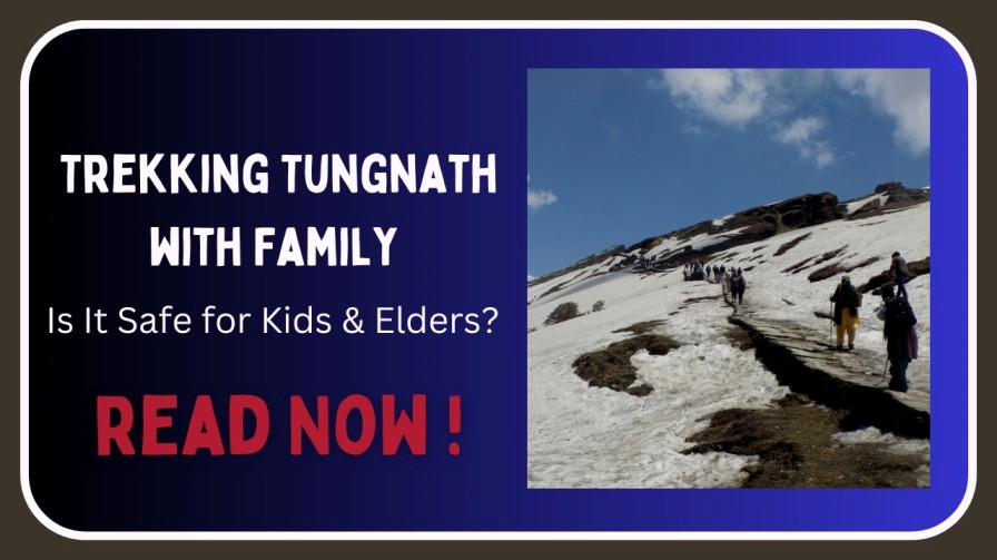 Trekkers walking on the snow-covered path towards Tungnath temple on a clear sunny day.