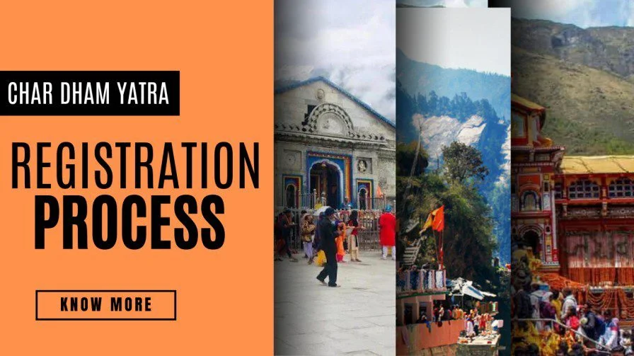 Char Dham Yatra registration process 2026 poster showing sacred temples and registration details.