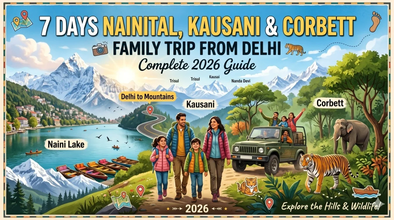 7 day Nainital Kausani Corbett family trip from Delhi showing Naini Lake boating, Himalayan views in Kausani, and jungle safari in Jim Corbett 2026